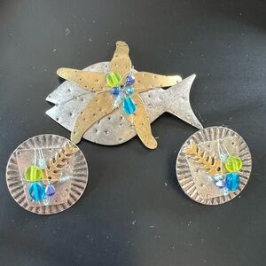Cara Stimmel Fish Shell Steampunk Brooch & Earrings set